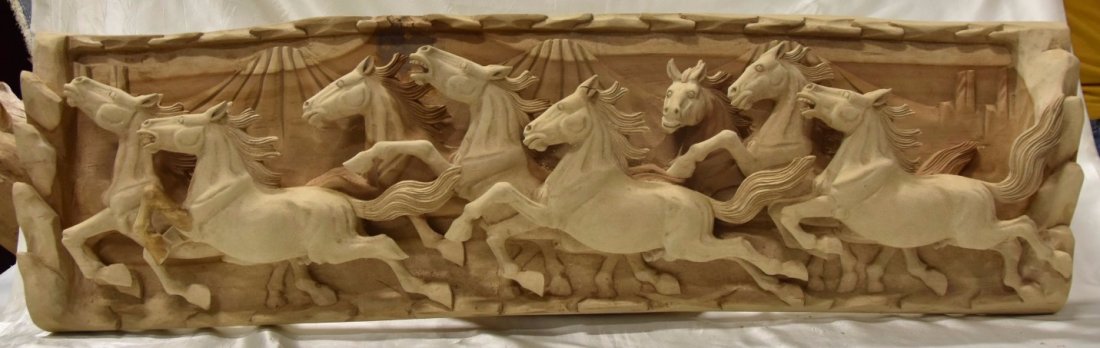 Wall sculpture releif of carved horses: Wall sculpture releif of carved horses Wall sculpture relief of carved horses. *Slight repair on one of the legs. Dimensions: AP +- 36 inches wide by 12 inches high with 4 inch depth
