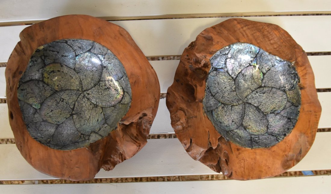 Pair of teak carved wood bowls with shell filling: Pair of teak bowls with shell like filling . Dimensions: 12Lx13Wx4H Inches