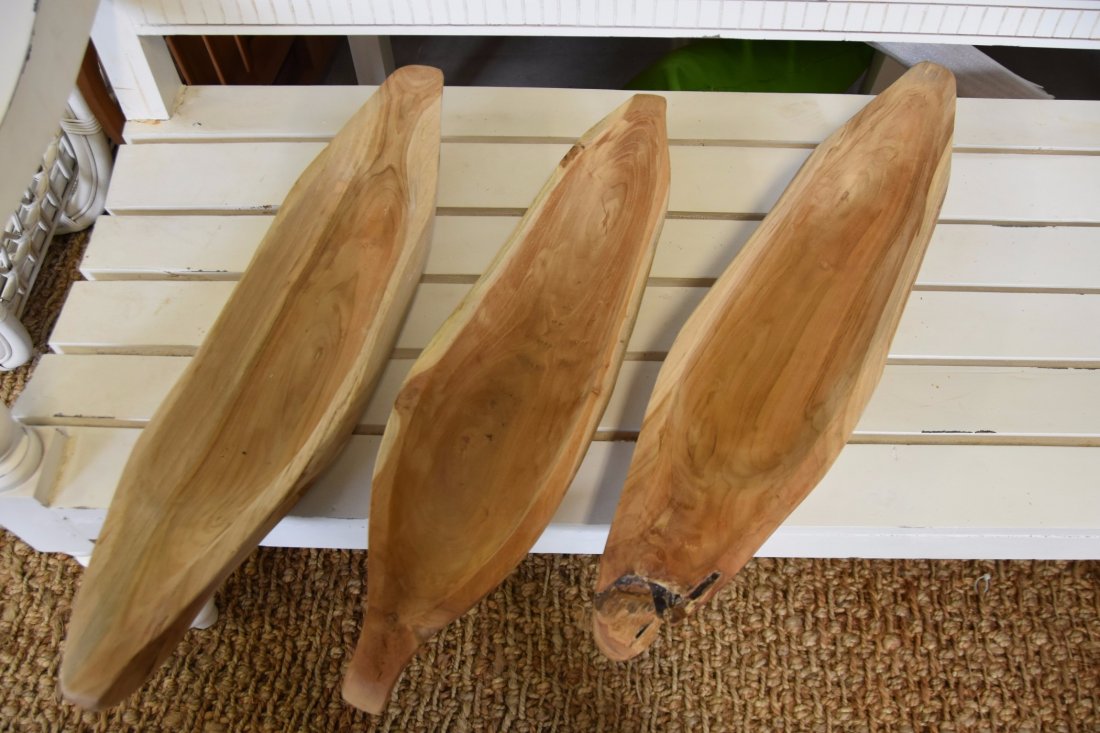 (3) teak scoops with handles: (3) teak scoops with handles . Dimensions: 26x6x3.5Inches