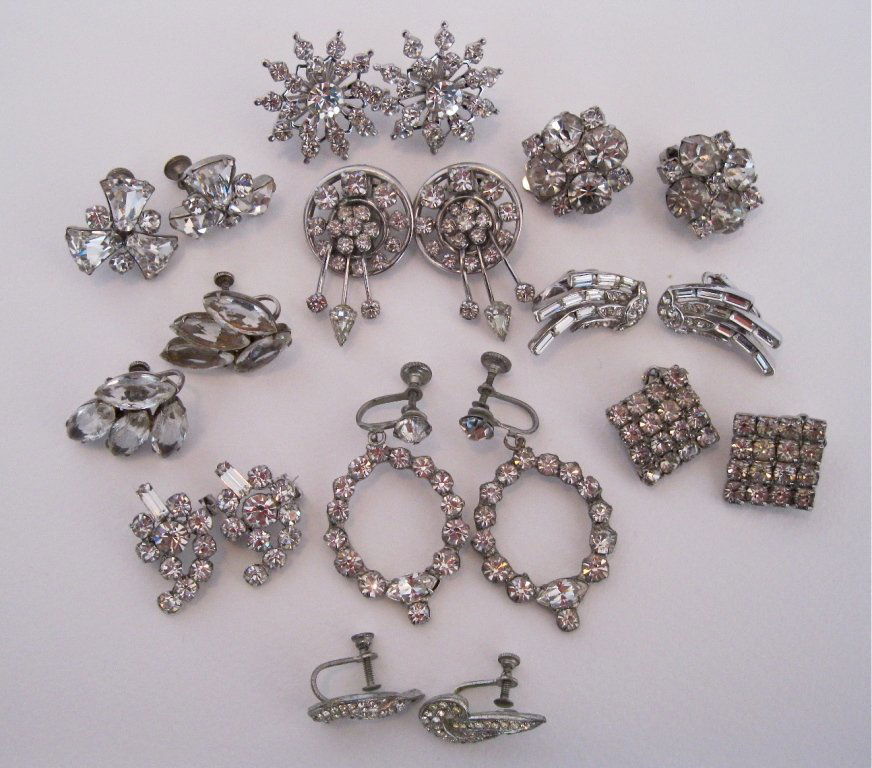 Vintage RHINESTONE Earrings Lot of 10: Nice Lot of Rhinestone Earrings. All Clip-ons.