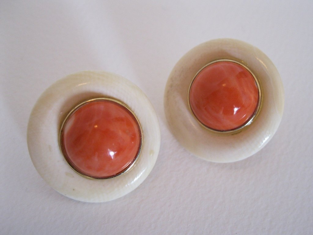 Designer Coral Ivory 14kt Earrings: Vintage Coral & Ivory earrings. Clip on 14k gold.