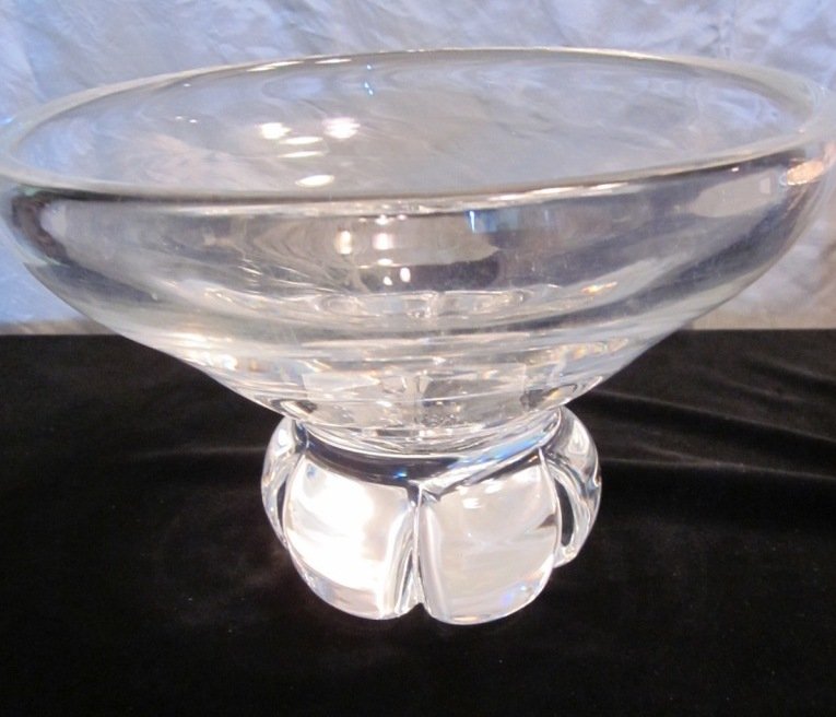 Steuben Glass Heavy Bowl: Very Heavy Weighted Glass Steuben Bowl. Measures 9-1/2". Floral Pedestal. Heavily Scratched on the Inside. Please see photos.