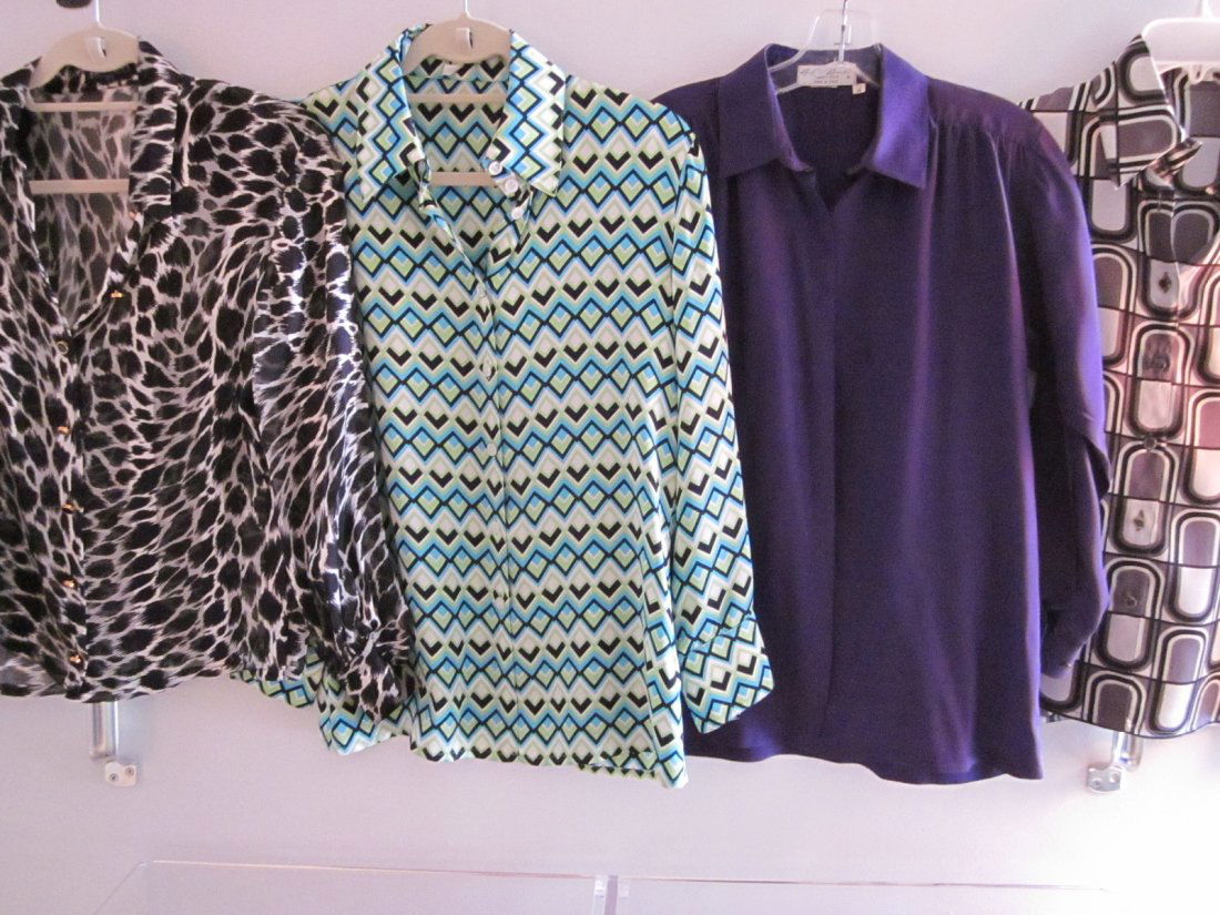 Lot of 4 Designer Silk Blouses Escada & Alan Austi: 3 Escada Blouses Size 34 Assorted Prints and 1 Alan Austin Designer Blouse from Beverly Hills Size 4 Purple.