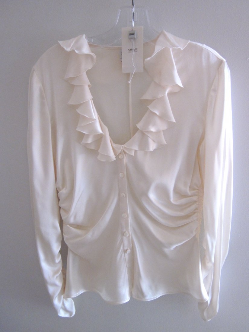 Armani Collezioni White Silk Ruffled Blouse: Armani Collezioni White Silk Blouse with Covered Buttons Size 8, Shirt has ruffled detailing and cinching in back.