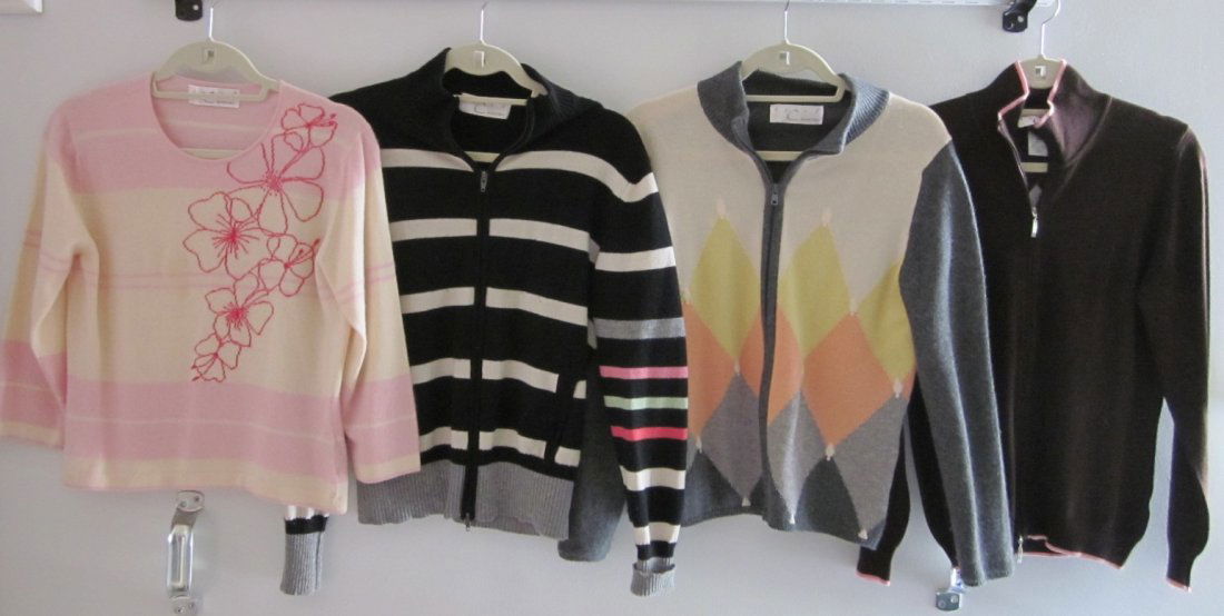 Lot of 4 Sweaters By Debra C. Beverly Hills: Lot of 4 Sweaters by Debra C. of Beverly Hills. Size Small. Gray Argyle is Cashmere. Pink Flower Sweater has a Small Spot on it.