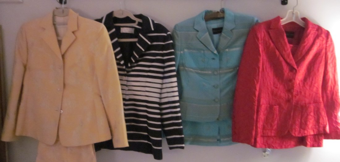 3 Designer Suits & Jacket: 3 Beautiful Suits-2 Rena Lange (Red Suit & Tuquoise Suit with Gold Threads), 1 Debra C. Black & White ribbon Jacket (Has Small Stain on Jacket). 1 Bernard Zins Yellow Suit. All Size Small or Size 4.