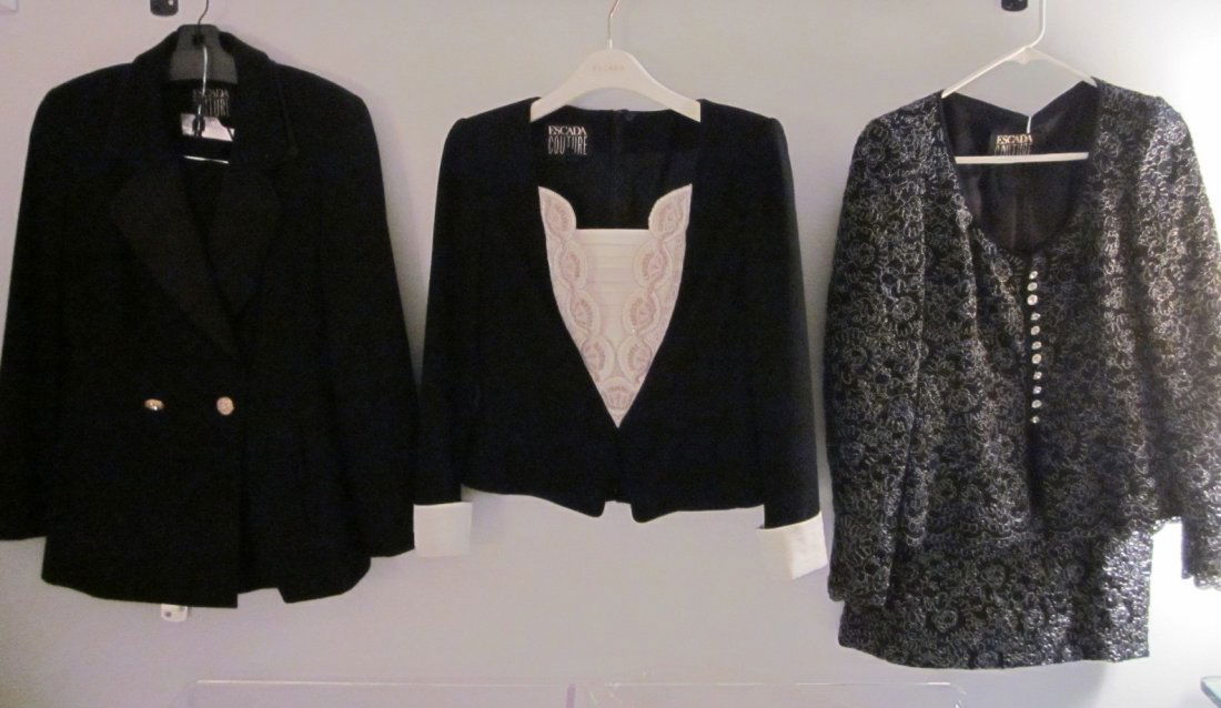 Lot of 3 Escada Couture: Lot of 3 Escada Couture Cuffed and Beaded Blouse, Jacket with Silk Trim and Lining, and Beaded Skirt/Top with Lace and Satin Trim and Crystal Buttons. Size Smalls