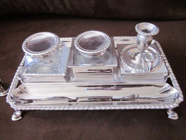Charles Stuart Harris C.H.S. Sterling Inkstand-Hal: Beautiful Sterling Silver Antique Inkwell. Made by: Charles Stuart Harris. (C.H.S.) London 1890's. Queen Victoria Era. Hallmarked on several places on Inkwell. There are 2 pieces that are glass bottle