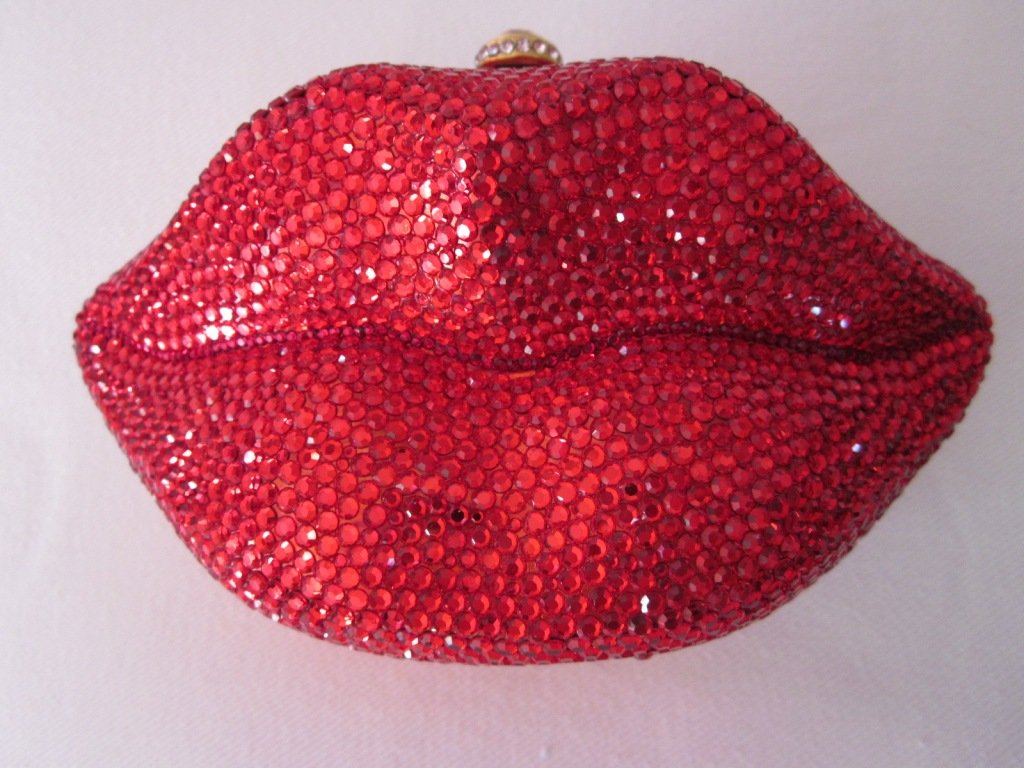 K. Baumann Red Lips Swarovksi Purse: Large Red Swarovski Crystal Purse. Approx. Measurements: 7" x 3". Strap Drop 23"