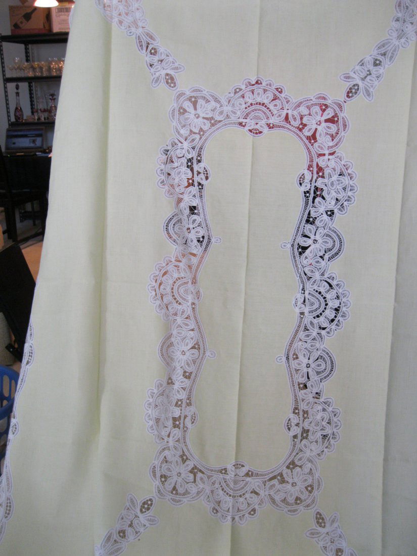 Vintage Lemon Yellow Battenburg Lace Table Set: Beautiful Vintage Lemon & Battenburg Lace Tablecloth & 9 Matching Napkins Measures 68" x 108". Beautifully made.