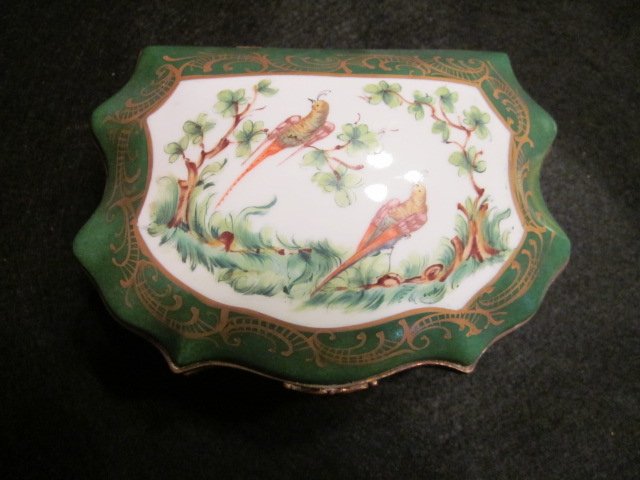 Antique Handpainted Limoges Hinged Box: Beautiful Limoges Large Hinged Box. Handpainted of flowers and birds. Has very small crack on the inside. Signed EG Handpainted Limoges France
