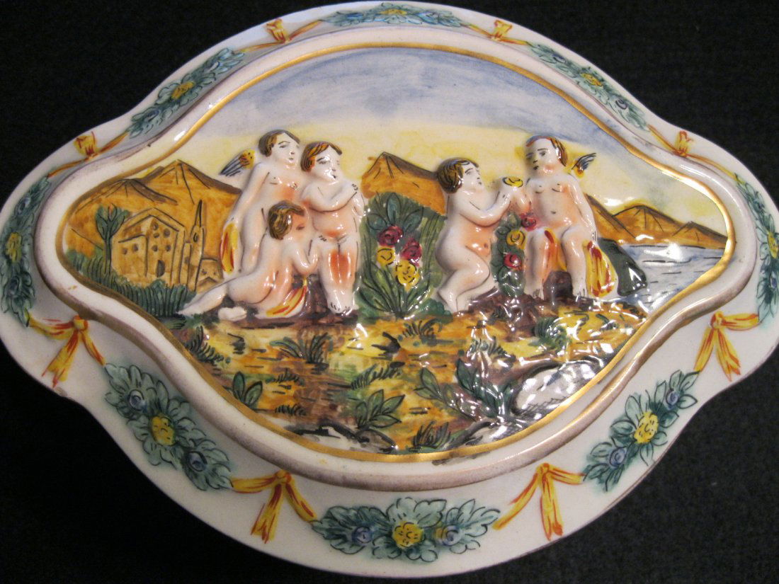 Italy Large Keepsake Box 1934 Cherubs: Marked: Italy 1934 on the bottom. Top & Bottom. Measures 7" x 2-1/2". Very Pretty!