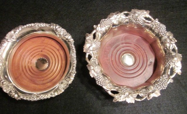 2 Vintage Corbell & Co. Wine Coasters Silverplate: 2 Different Vintage Wine Coasters by: Corbell & Co. (Marked on the sides). Can also be used as a plant coaster, felt on the bottom. One Large one Small. Silverplated