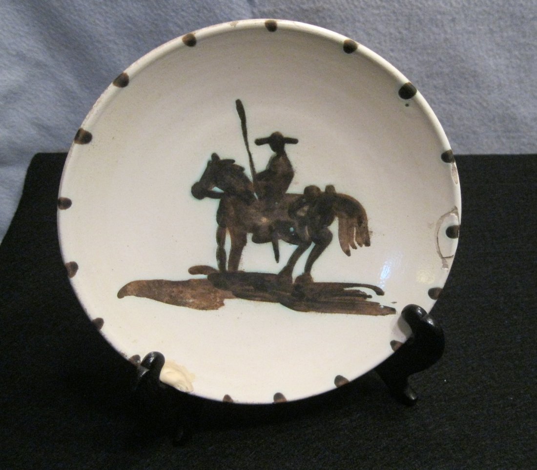 Picasso Don Quixote Pottery Plate-Marked: Picasso Don Quixote Pottery Plate-Marked on Back Edition Picasso Edition Picasso & Stamped. Condition is Fair. One place was broken and glued the other has some plaster on it. Please see photos for Co