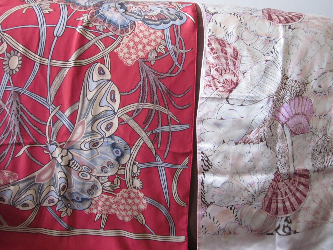 2 Silk Scarves From Museum: 2 Silk Scarves From Museums: Red Butterfly from MMA Seashells of Pastels From the Smithsonian