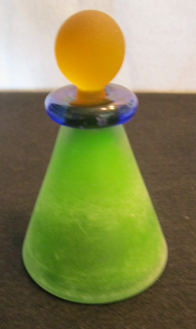 Retro Perfume Bottle Frosted Glass-Signed: Very Unusual Perfume Bottle, Body is Green . Top is Cobalt Blue, stopper is a gold yellow. Measures 6" Tall. Signed at the bottom. Can't make out the name.