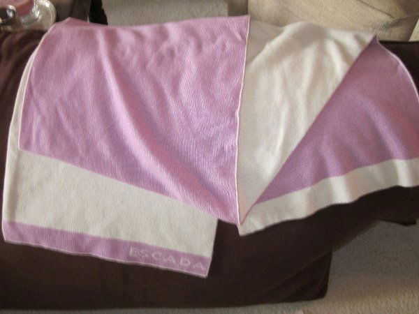 Escada Duo Tone Cashmere Scarf: Lavender & Off-White Cashmere Scarf 58" x15". Made in Italy