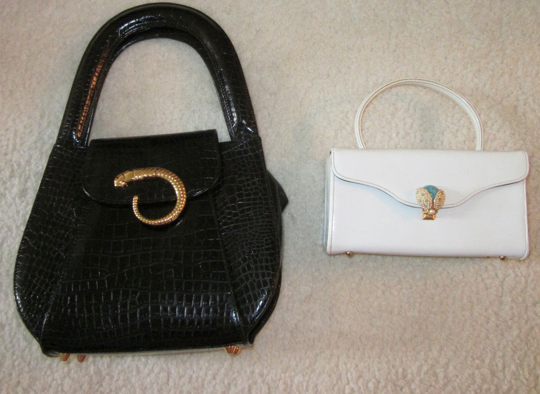 Vintage Handbags with Ornamental Clasps: Black Handbag for the 60's. Made in China. Beautifully Made. Snake Closure 9" x 7-1/2" Depth 2-1/4. Small White Patent Leather Box Handbag with Ladybug Pearl & Turquoise (one tiny Pearl Missing) Closu