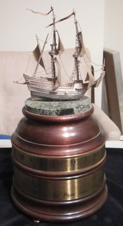 Boehm Bisque "Mayflower Clock" Serial 171 England: Beautiful Clock The Boehm "Mayflower Clock"Llandow Wales Serial No 174. RJ. Bradford Clockmaster Chelmsford England. Made of Wood & Brass. It does work and it's Ticking. All parts should be there, jus