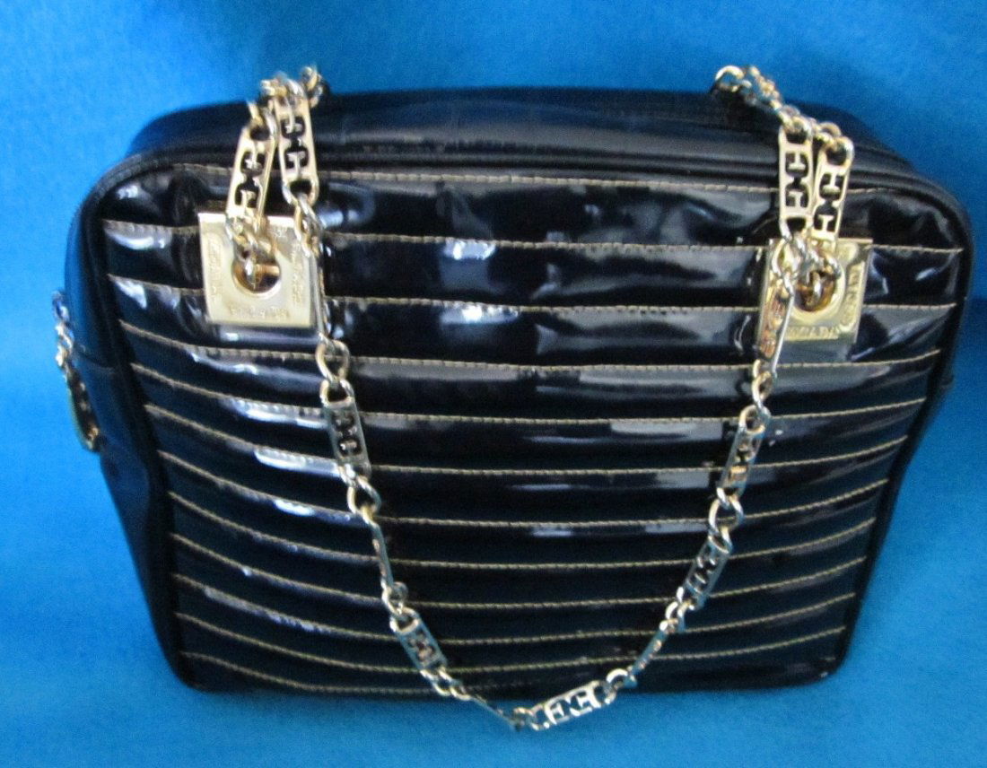 Midnight Navy Patent Leather Escada Quilted Should: Escada Navy Patent Shoulder Bag. Gold Metal Hardware w/ Escada logo gold chain, Zipper top closure. Navy Lining. Measures 10" x 8"