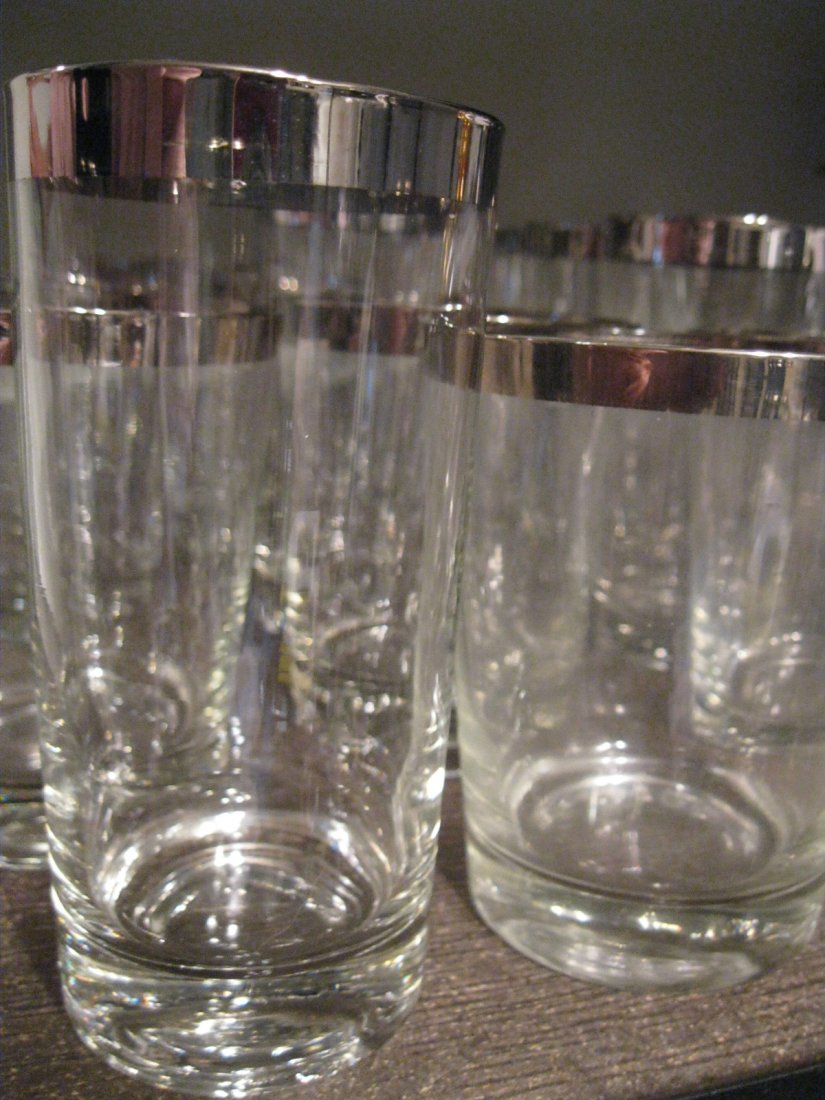 14 Dorothy Thorpe Style Silver Rim Drinkware Tumbl: Dorothy Thorpe Style Glassware. From the 60's. 6 Highball Tumblers. 8 Lo ball Tumblers. All with Silver Rim. Don't think it's dishwasher safe. FYI. Totally Retro. From an estate. Never Used!