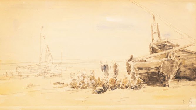Eugene BOUDIN (French, 1824 - 1898): Fishing boats on beach Watercolor on paper Signed lower right 6 1/2 x 12 in. - 16.5 x 30 cm. Provenance: Christieâ€™s New York, Sale 2166, May 7 2009, [lot 113] Purchased from above by the presen