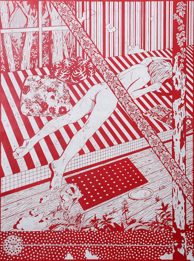 Kenichi Yokono (1972)- Muse in Studio 2 ,2008: Carved of a wood panel 63 x 47 1/3 in. – 160 x 110 cm Signed and dated on the Back