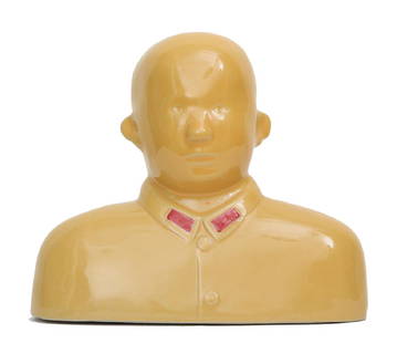 Shen Jingdong (1965): Hero, Lemon Yellow Barehead Ceramic, edition: 24/25, Signed bottom, 2006 9 x 9 x 3 in – 23 x 23 x 7 ½ cm