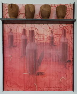 Fernando Canovas (1960): Sangre en las venas, 1996. Oil and mixed media on canvas, four vases. Signed, dated, and titled lower right. 62 x 51.5 in. - 157.48 x 130.8 cm.. Estimate: $6,000- $8,000.