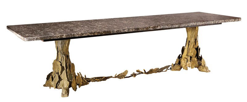 ROSELINE GRANET (born in 1936): Exceptional and important dining table in green and gilded patinated bronze and marble. Signed «R.Granet» and cast iron mark «Clementi cire perdue-Bergac Paris». Unique piece, circa 1990. 29 1/2 i