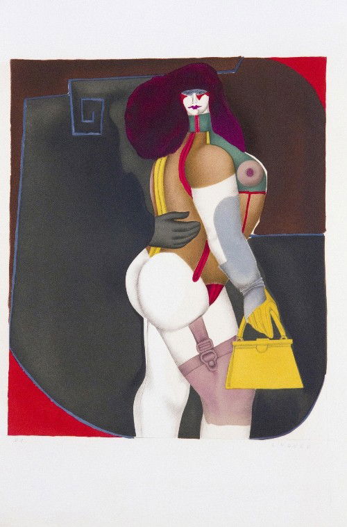Richard LINDNER - Woman with Yellow handbag: Richard LINDNER (1901 – 1978) Woman with Yellow handbag, 1975 Lithograph number 5 from the ionesco Portfolio; Lithograph in colors on Arches paper signed in pencil lower right, annotated h.C. hors C