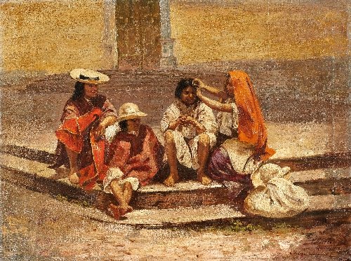 Cesar A. VILLACRES (born in 1880) , Las indias ba: Cesar A. VILLACRES (born in 1880) Ecuadorian school Las indias barredoras, 1918 Oil on canvas, signed, situated Quito and dated lower right 39.5 x 53 cm - 15 1/2 x 20 7/8 in.