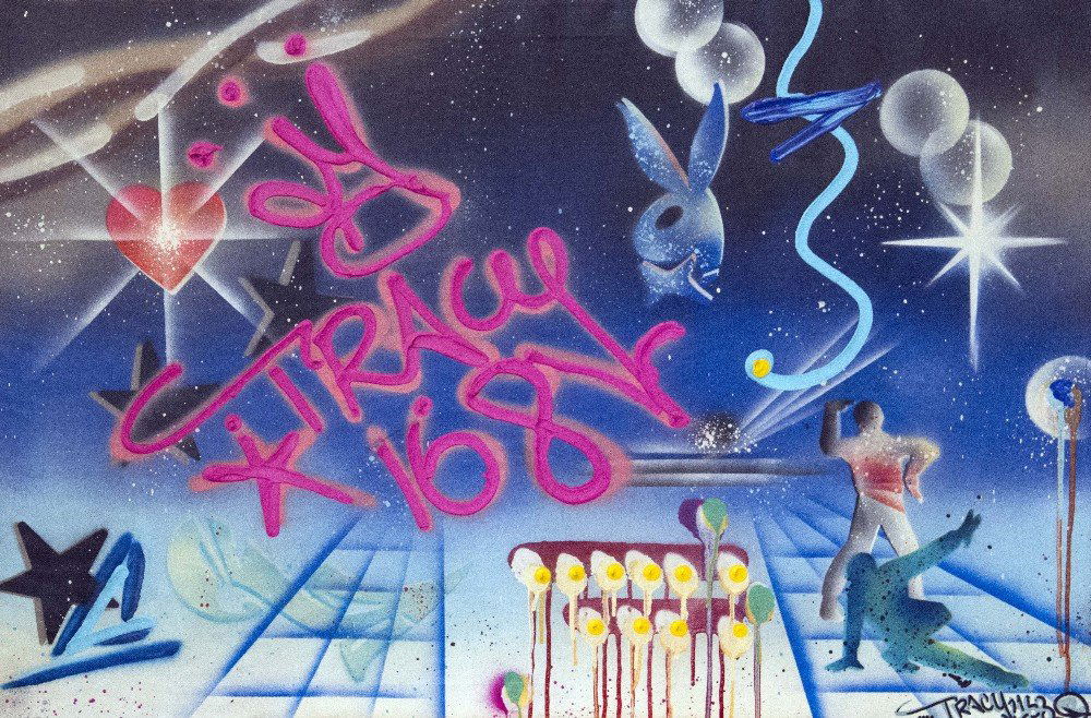 Michael TRACY (born in 1958) Tracy on Starfield, 1984: Michael TRACY (born in 1958) American School Tracy on Starfield, 1984 Mixed media on canvas Signed “Tracy 168” lower right, inscription on the reverse 24 x 36 in. - 60 x 91 cm.