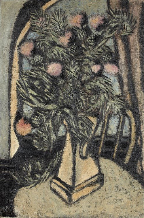 Marsden HARTLEY (1878-1943) Thistles: Marsden HARTLEY (1878-1943) American school Thistles Oil on canvas, monogrammed lower left, label from the Bertha Schaefer gallery and old label with the previous owners on the sretcher 35.8 x 24 in.
