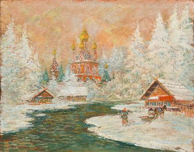 Konstantin Alexeievitch KOROVIN (1861-1939) A village i: Konstantin Alexeievitch KOROVIN (1861-1939) Russian school A village in the snow Oil on cardboard, signed lower left 12.6 x 16.1 in. - 32 x 41 cm.