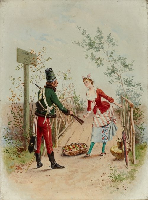 Playful banter, 1894: Paul Léon JAZET (1848-1918) French school Playful banter, 1894 Oil on panel, signed and dated lower right 14.2 x 10.6 in. - 36 x 27 cm.