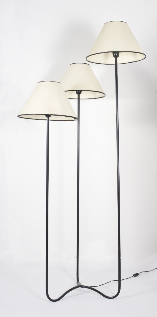 Standing Floor Lamp, Edition 2000: Edition Jean ROYÈRE (1902-1981) Champignon, model ca. 1950 Standing Floor Lamp, Edition 2000 Black Lacquered Metal assembly of tripartite lamps each extending from same base 21.5 x 17 x 67 in. - 54.5