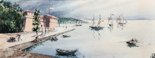 View of Havana: Anna Maria QUEMARE (20th century) Cuban school View of Havana Watercolour on paper; monogrammed lower left, countersigned, titled and monogrammed on the reverse 5.75 x 15.3 in. -- 14.5 x 38.5 cm