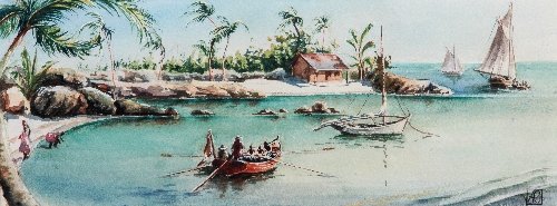 Anchoring in Cuba: Anna Maria QUEMARE (20th century) Cuban school Anchoring in Cuba Watercolor on paper; monogrammed lower right, countersigned, titled and monogrammed on the reverse 5.75 x 15.1 in. – 14.5 x 38.5 cm.