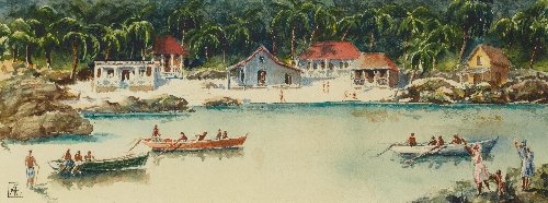 Fisherman's Village, circa 1899-1900: Anna Maria QUEMARE (20th century) Cuban school Fisherman's Village, circa 1899-1900 Watercolor on paper; monogrammed lower left, signed, titled and monogrammed on the reverse, label from the Lennox Ga