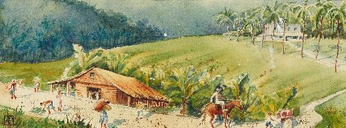 Cigar Plantation, circa 1892: Anna Maria QUEMARE (20th century) Cuban school Cigar Plantation, circa 1892 Watercolor on paper, monogrammed lower left, signed, titled and monogrammed on the reverse 5.5 x 15.25 in. - 14 x 38.5 cm.