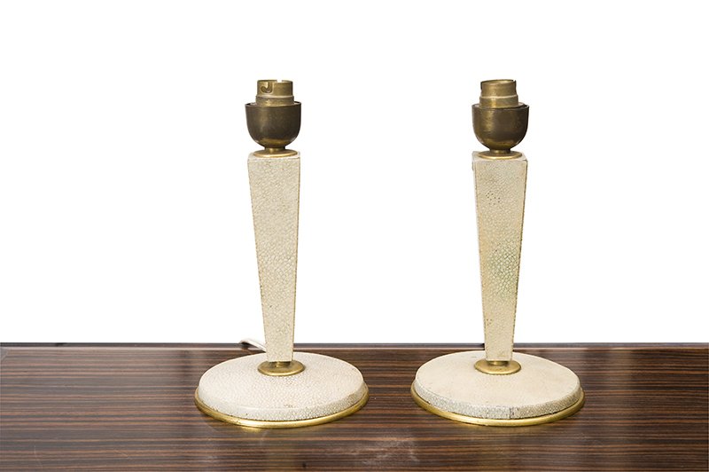 Pair of art deco lamps: Dominique for Genet-Michon Pair of art deco lamps Shagreen and golden bronze Height: 9.05 in. – 23 cm. Diameter: 4.72 in. – n 12 cm. Designed by Dominique (André Domin and Marcel Genevriére) and