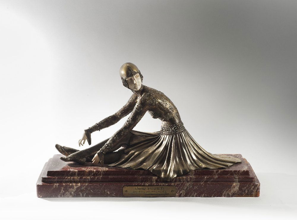 Tanara, circa 1925: Demetre H. CHIPARUS (1886-1947) Tanara, circa 1925 Bronze with golden patina and carved ivory, Loxodonta Africana on onyx base, signed ‘D.H Chiparus’ 15.5 x 25.75 x 7.5 in. – 39.37 x 65.4 x 19 c