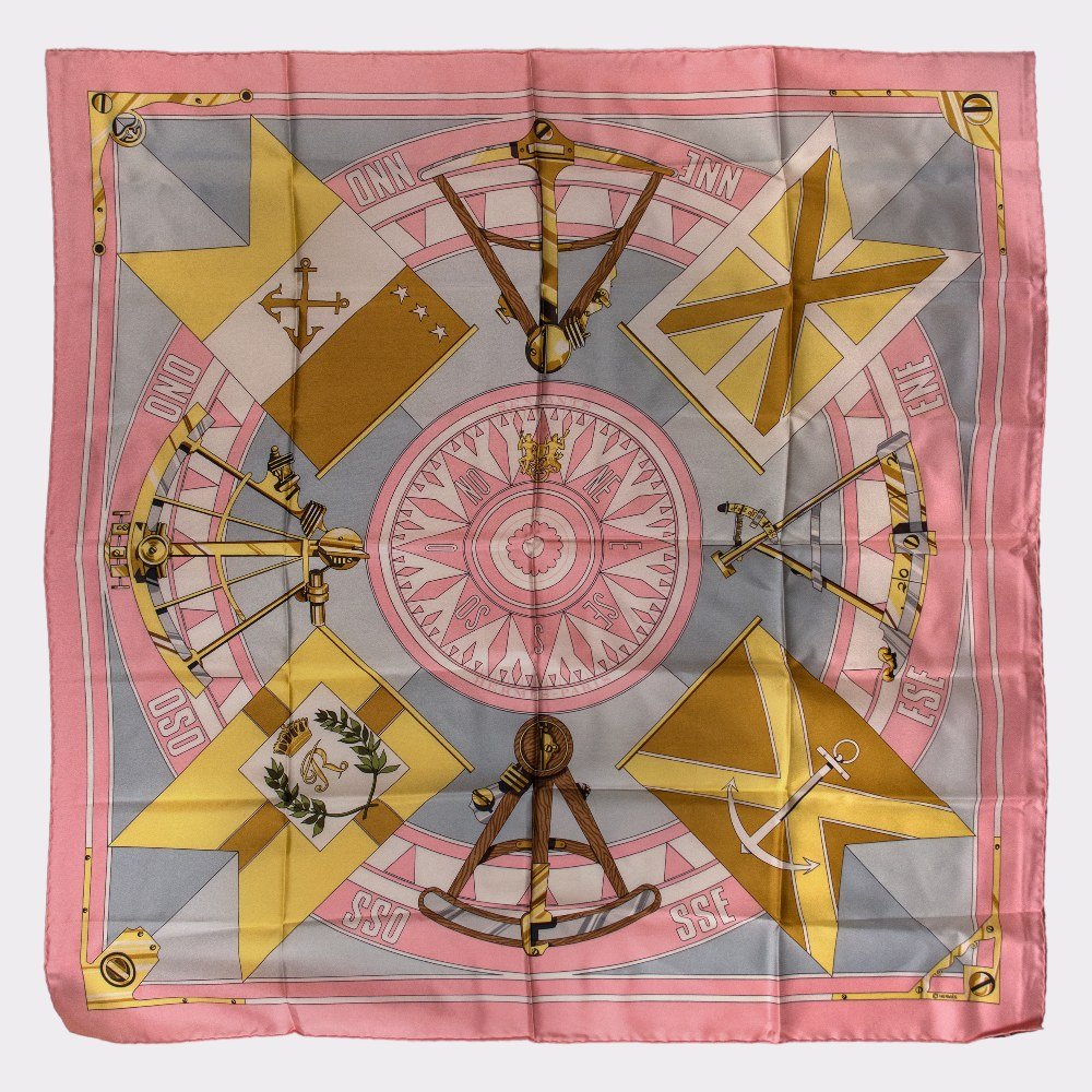 Hermès: Silk Scarf 90 x90 cm “Sextants” by Loic Dubigeon in Light Pink