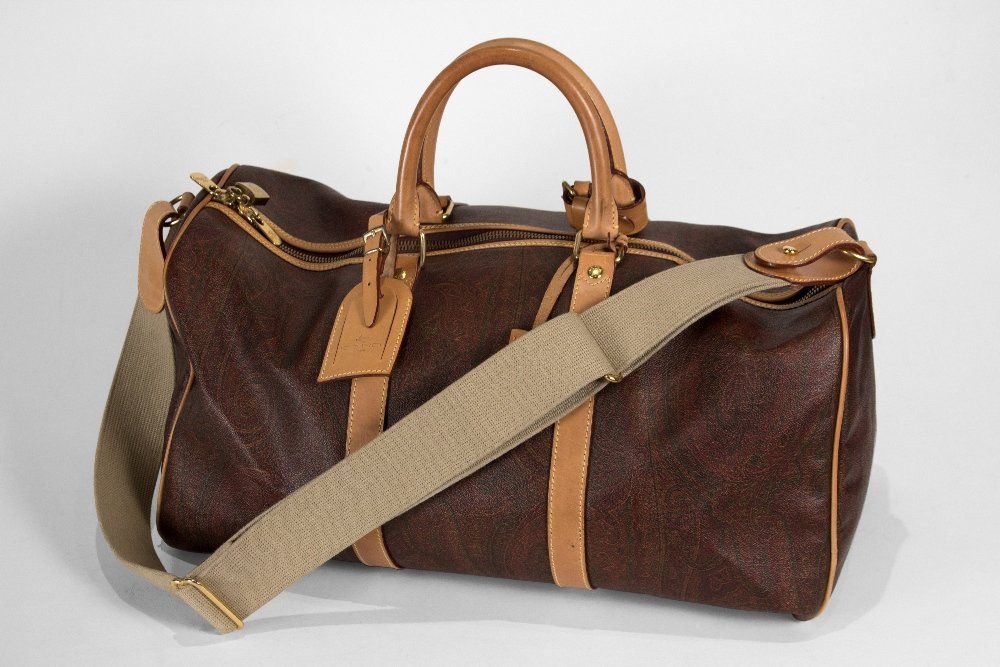 Etro: Travel Bag in Burgundy Leather Paisley Motif with Handles and Canvas Strap 19’’ Width x16 “ Height x10” Depth