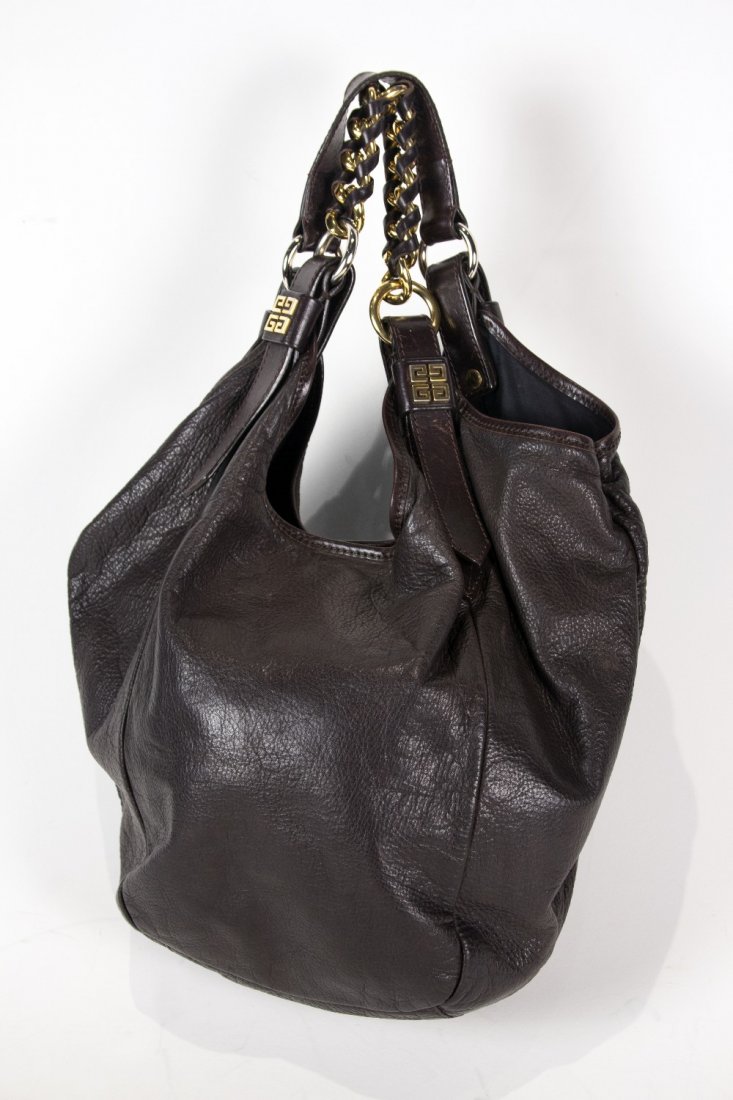 Givenchy: Hobo Bag in Brown Grained Leather with Chain and Leather Strap, Gold Hardware 14” Width x19” Height x4” Depth
