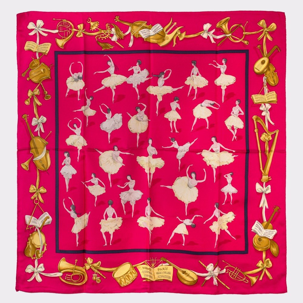 Hermès: Silk Scarf 90 x90 cm "Ballerina" in Fuschia Pink