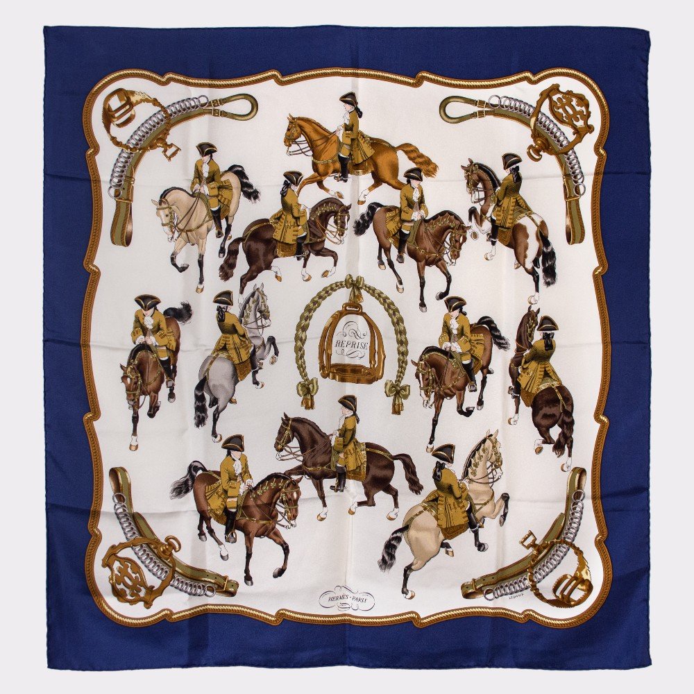 Hermès: Silk Scarf 90x90cm “Reprise” in Blue and White