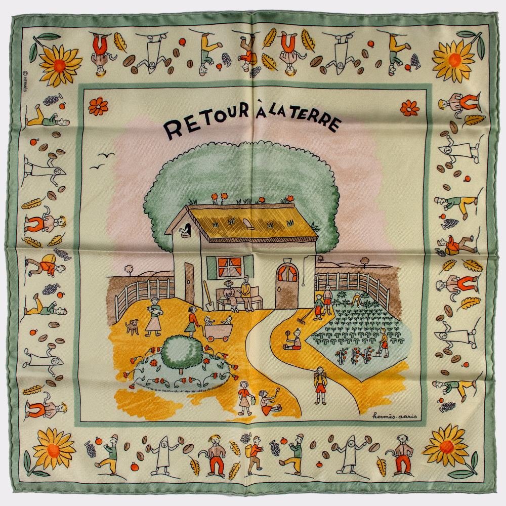 Hermès: Silk Gavroche " Retour A La Terre" in Green