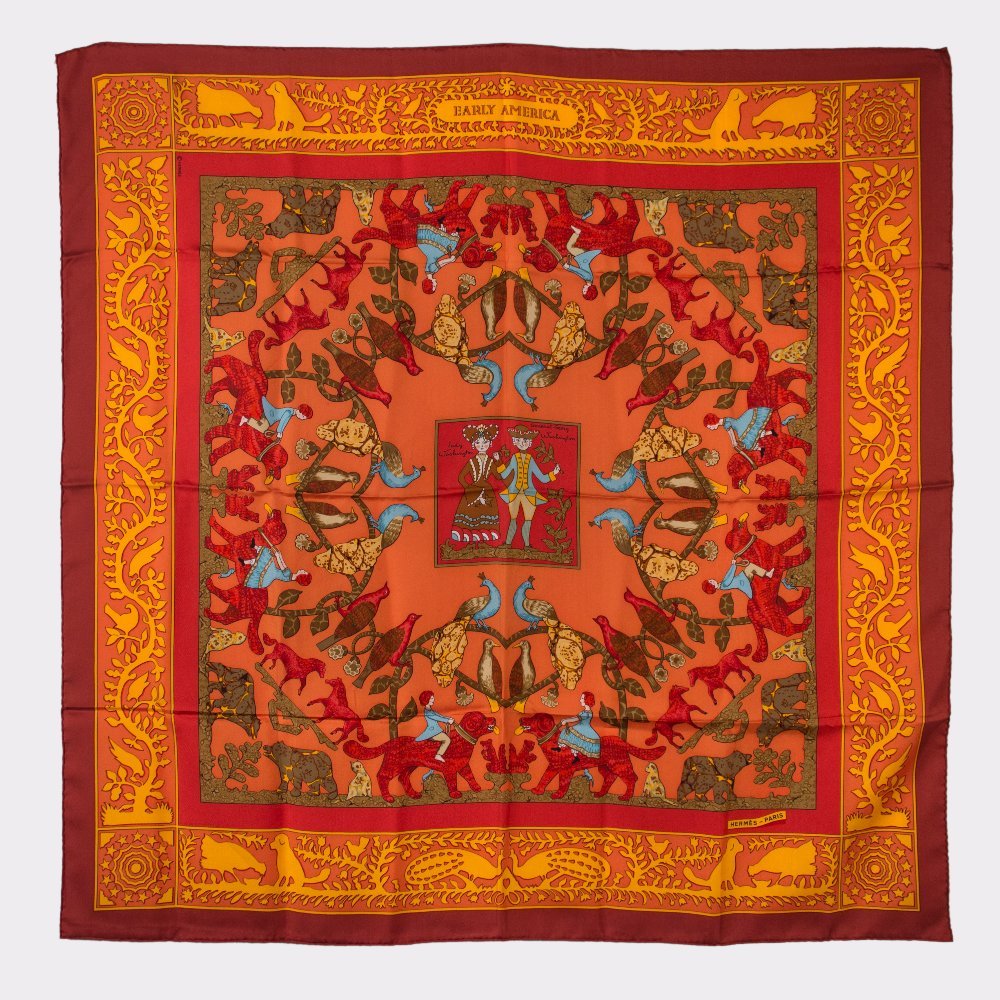 Hermès: Silk Scarf 90 x90 cm "Lady Washington, General George Washington" in Red and Orange